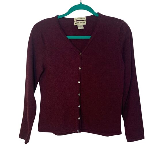 Eddie Bauer Womens Burgundy Merino Wool Button Up Cardigan Preppy LP Cottagecore - Picture 1 of 3